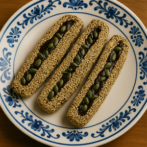 Dadel–Sesam rolletjes met pompoenpitten – gezonde natuurlijke snack van Golden Delicates