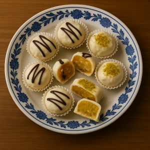 Amandel–abrikoos energieballetjes met witte chocoladecrème – natuurlijke gezonde snack van Golden Delicates