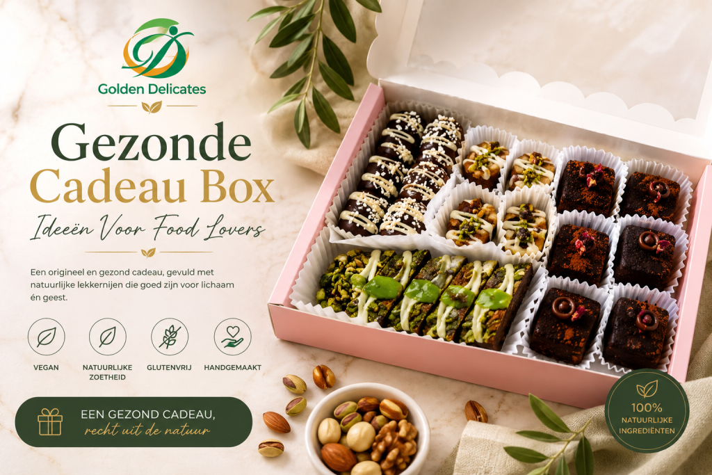 Gezonde cadeau box van Golden Delicates met premium dadels, pistachenoten, handgemaakte lekkernijen en natuurlijke snacks voor food lovers